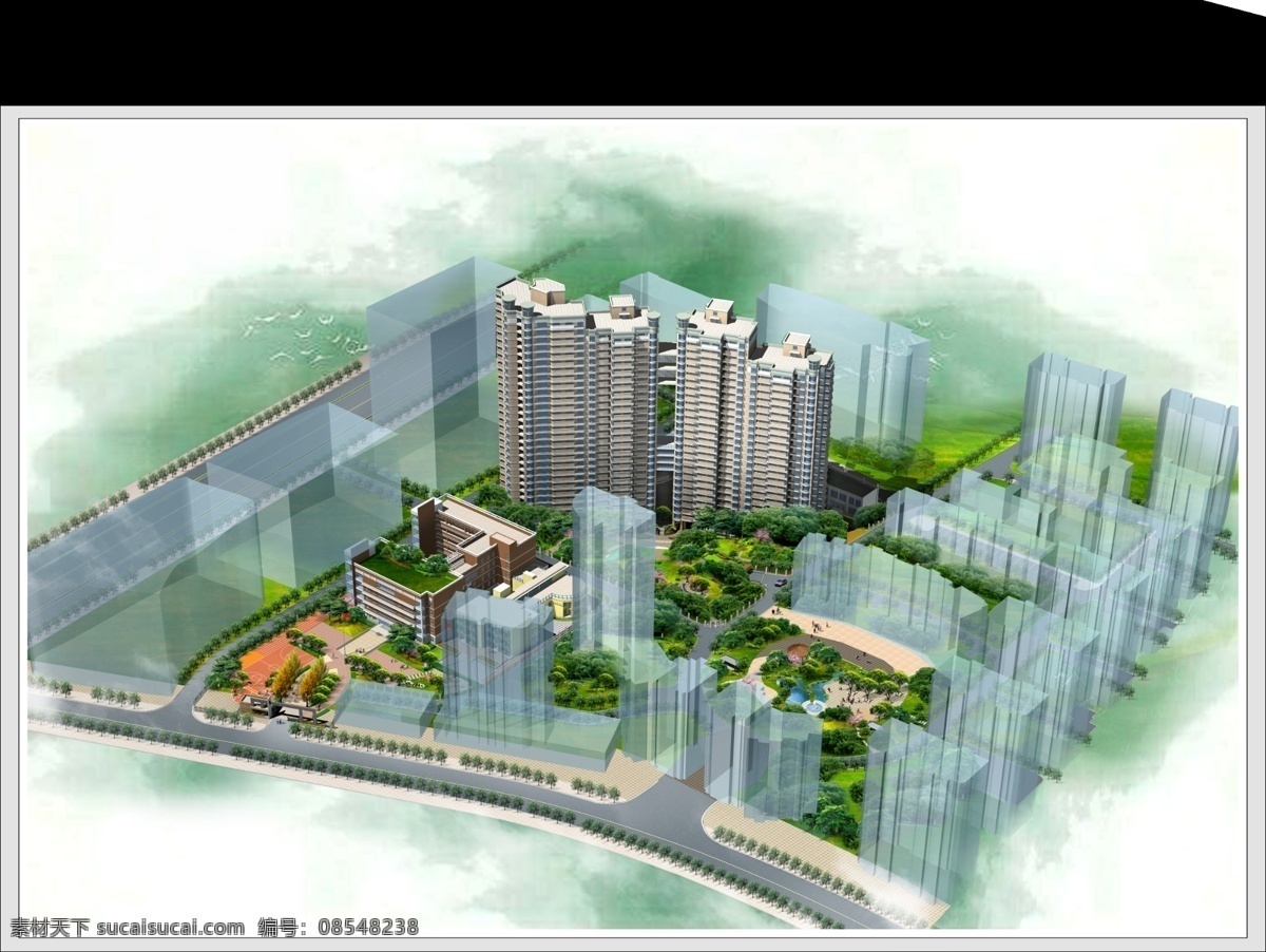 高档社区 高楼大厦 鸟瞰图 效果图 分层 源文件 psd源文件 设计素材 鸟瞰图篇 分层效果 建筑装饰 白色