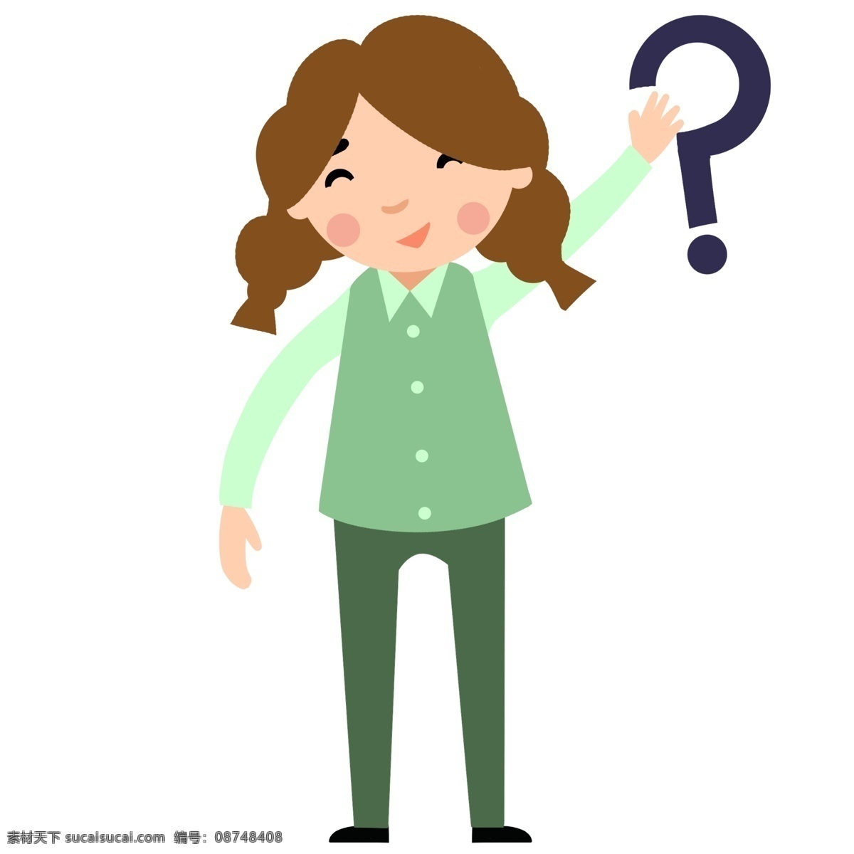 可爱 扁平 人物 问号 扁平风格 卡通人物 可爱女孩 双马尾女孩 学生 女孩问号脸 卡通手绘 问号装饰 问号图案 绿色