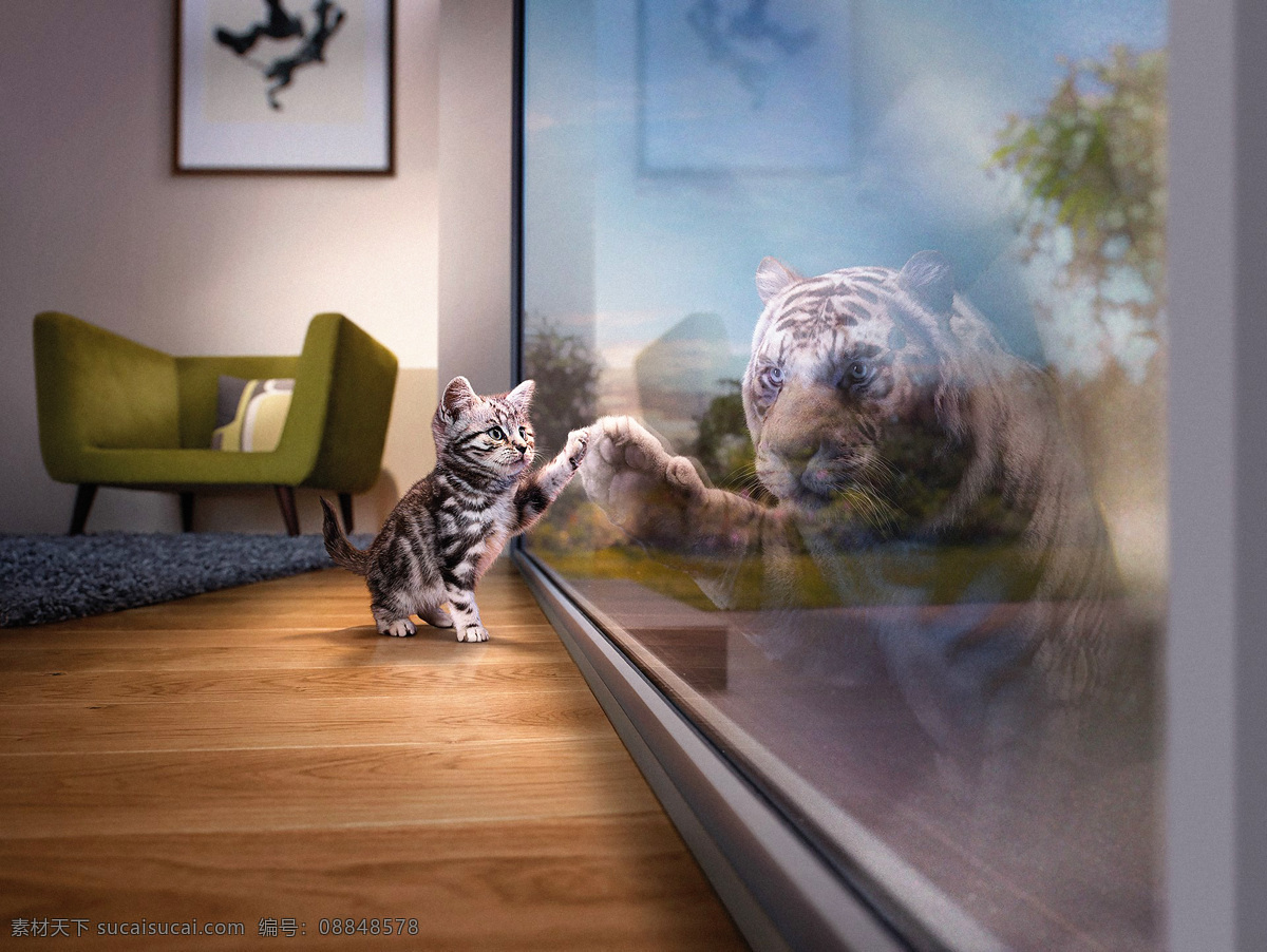 一个 自己 动物 猫 老虎 未来 镜面 长大 触摸 镜像 另一个自己