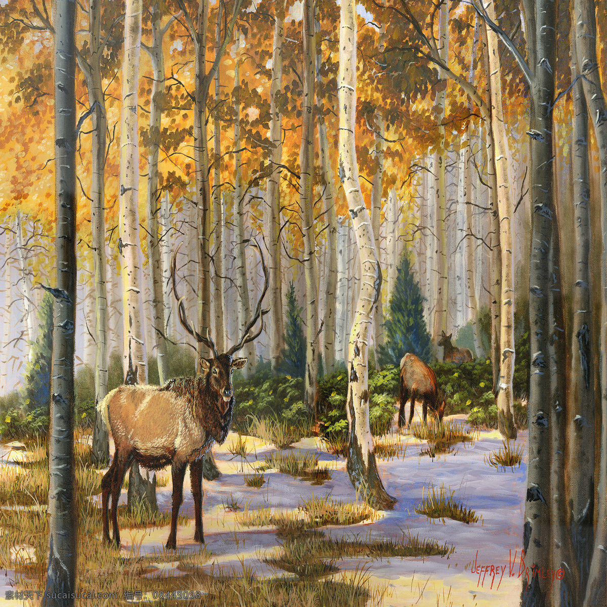 秋日树林油画 树林 麋鹿 绘画 油画 画 装饰画 彩色 颜料 色彩 自然景观 山水风景