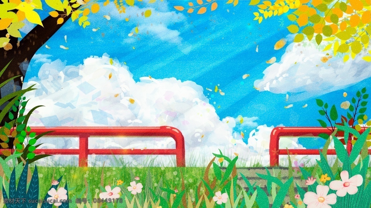 手绘 小 清新 萌 宠 系 大树下 风景 背景 小清新 大树 花丛 背景素材 广告背景 萌宠系列 萌宠 梦游仙境 治愈系