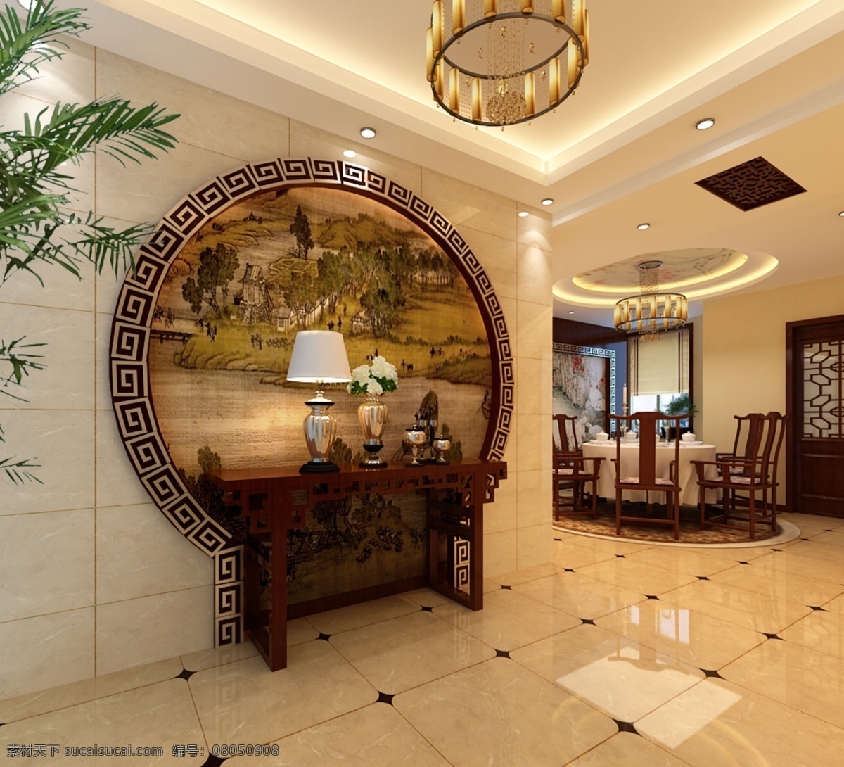 酒店免费下载 bmp 餐厅 餐桌 吊灯 环境设计 酒店 墙画 室内设计 文化墙 椅子 供桌 中国式风格 装饰素材