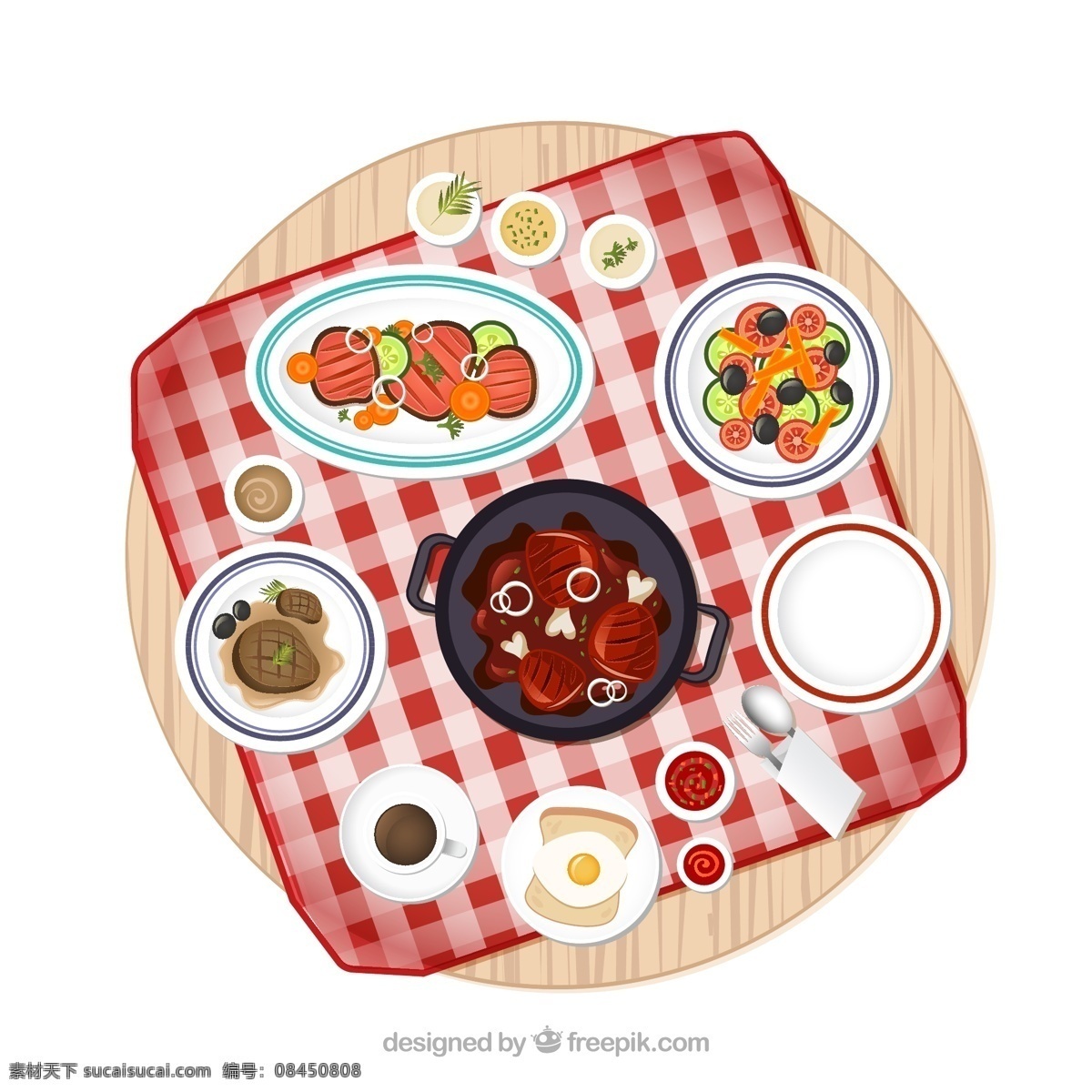 桌布 餐盘 餐具 食物 餐桌 牛排 沙拉 矢量图 丰盛美味 餐桌矢量素材 白色