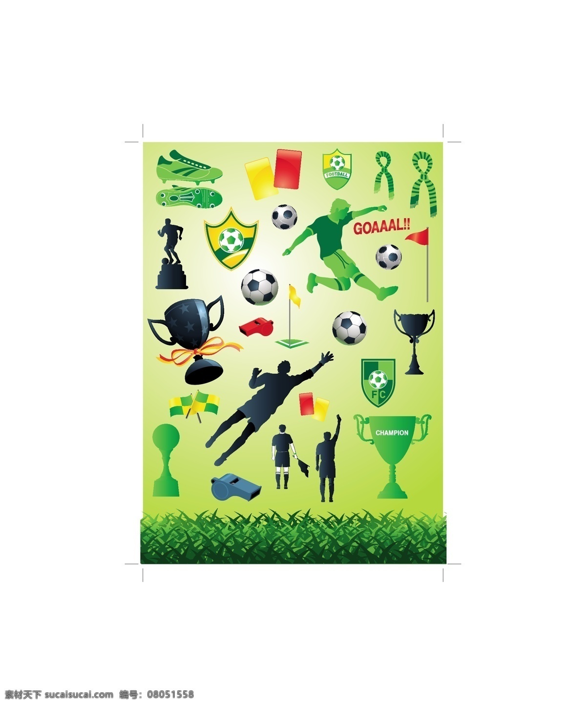 世界杯 足球 主题 矢量 设计图 草地 奖杯 金杯 绿地 绿茵 旗帜 球鞋 矢量素材 踢球 国际足联 2010 年 哨子 红牌 黄牌 运动 免费 下 海报 其他海报设计