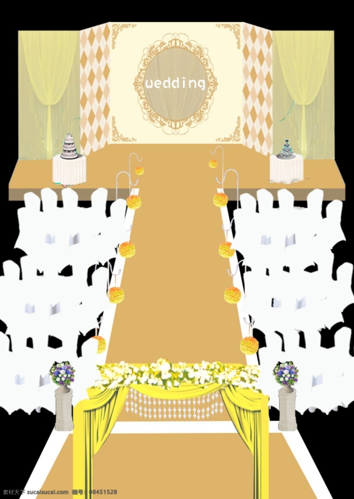 婚礼布置 效果图 婚礼 布置 wedding 香槟桌 舞台 背景 花柱 花拱门 路引 椅子 圆桌 喷绘 布幔 白色