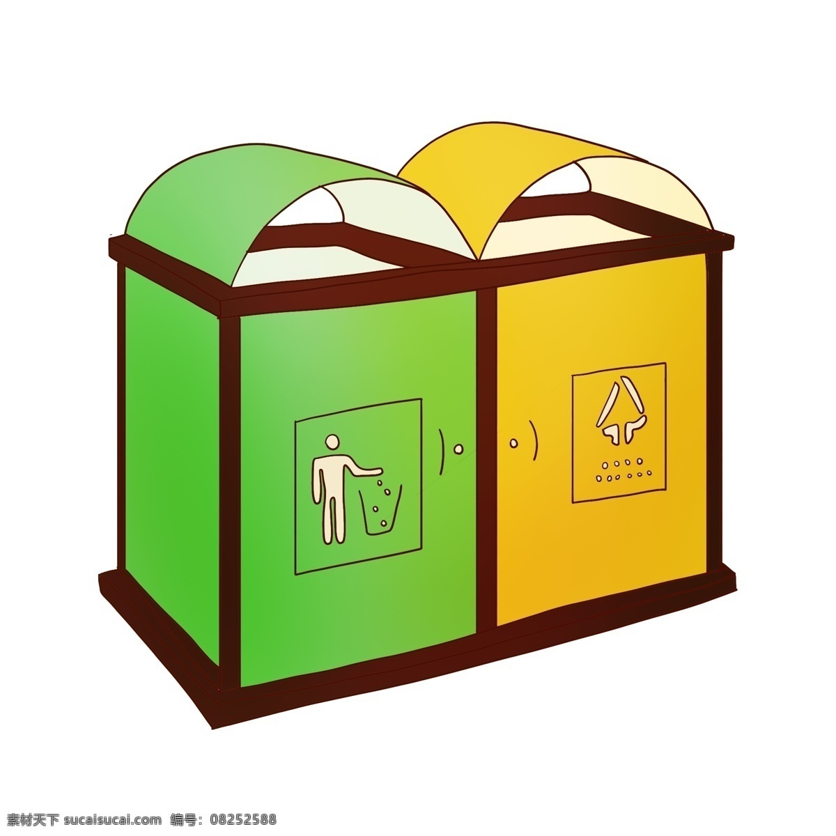 手绘 卡通 环保 垃圾桶 插画 手绘垃圾桶 卡通垃圾桶 绿色的垃圾桶 黄色的垃圾桶 立式垃圾桶