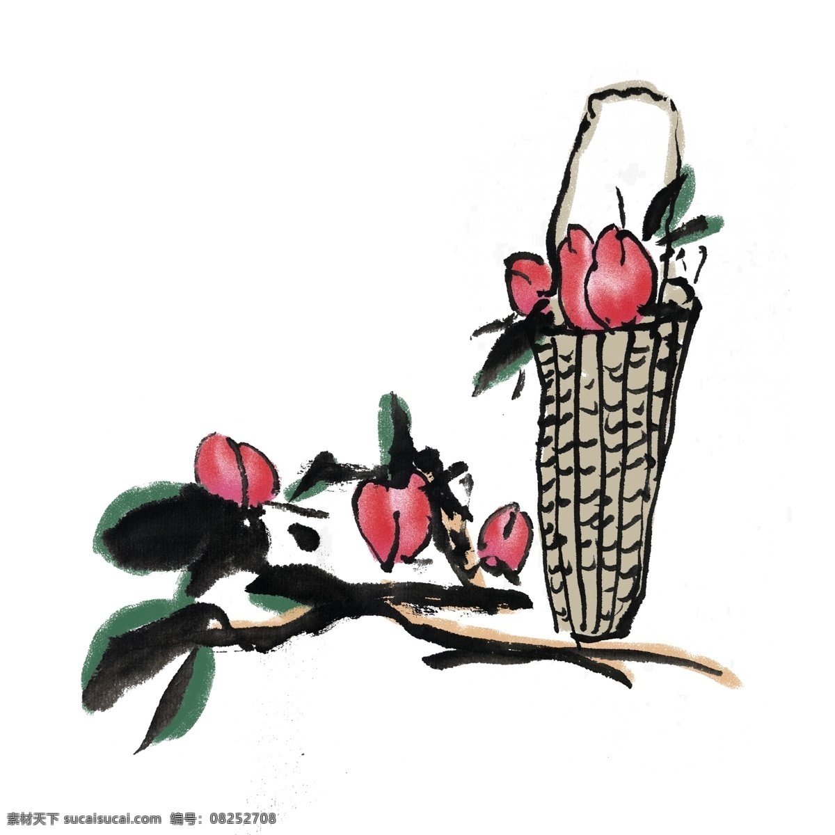 水墨 桃子 新鲜 手绘 插画 夏季 夏天 水墨桃子 新鲜桃子 中国风 古风 水墨风 墨迹 彩色 春天 生动 花草 国风