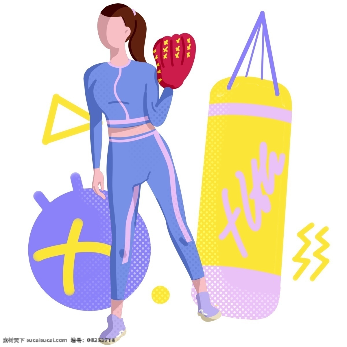 运动 健身 拳击 插画 红色的手套 卡通插画 健身插画 运动插画 运动器材 运动器械 黄色的沙袋