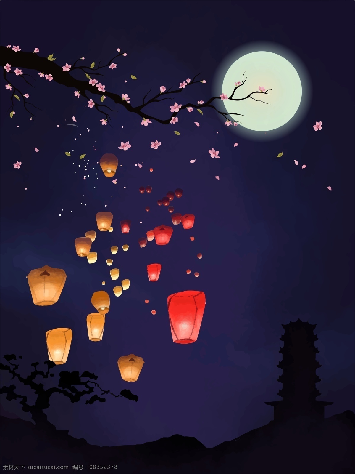 夜晚 孔明灯 石塔 广告 背景 广告背景 月亮 清新 松树 神秘 手绘 山崖