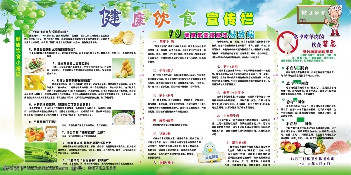 健康饮食 艺术字 葡萄 卡通医生 食物 水果 土豆 豆浆 柿子 芹菜 禁止 卡通小鸟 绿色背景 白色
