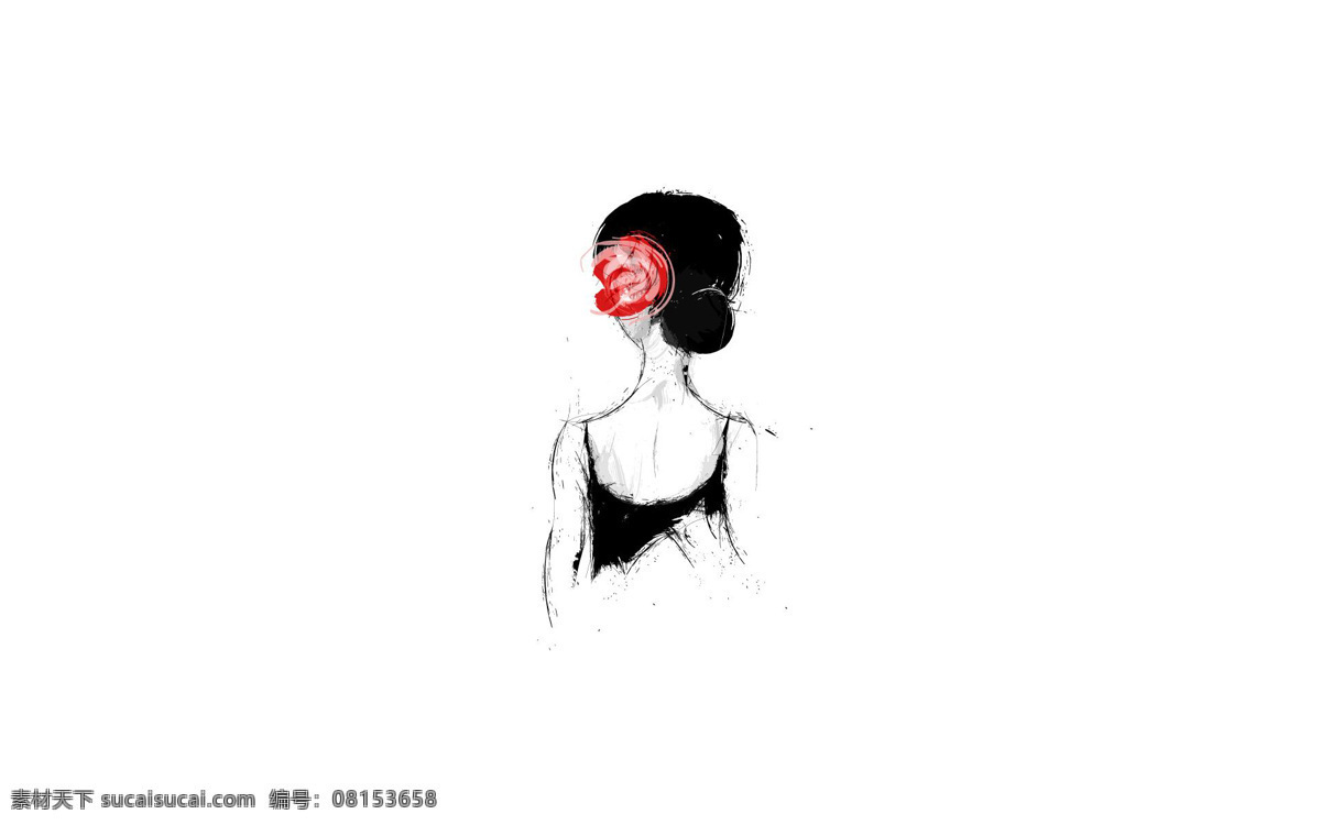 手绘女性背影 手绘线条 女性 背影 红花 黑白 红 盘发 绘画书法 文化艺术