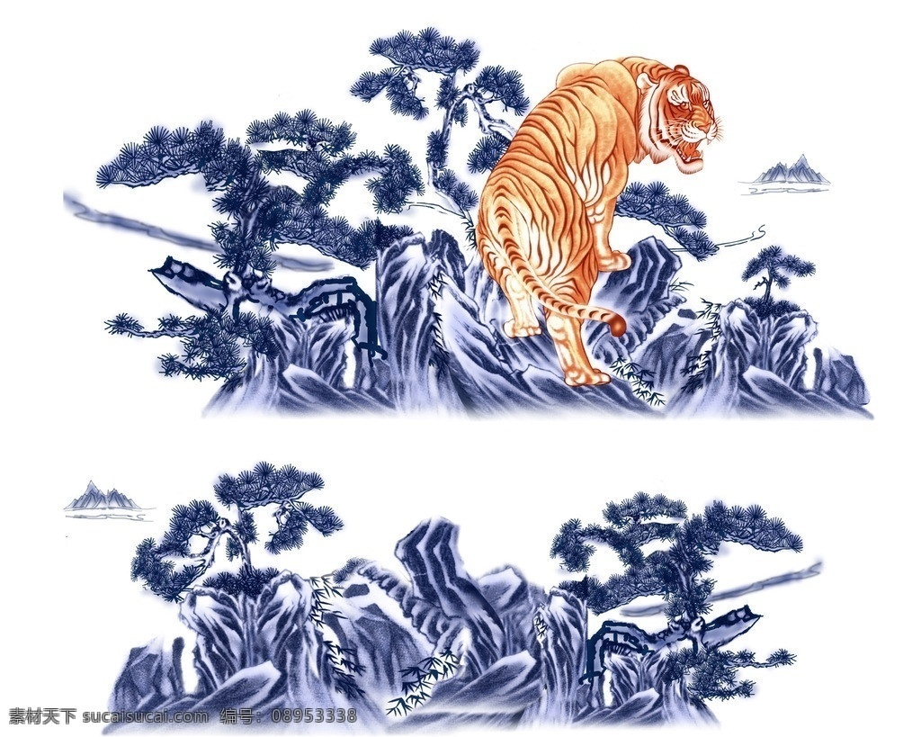 蓝彩老虎 通道分层 青花 蓝彩 树 猛虎 虎纹 山林之王 高大威猛 分层 源文件