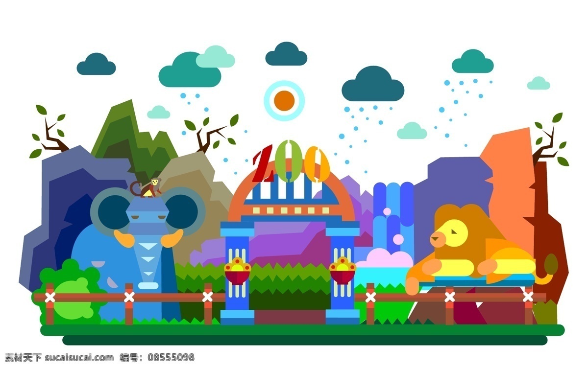 扁平 创意 动物园 动物园素材 扁平动物园 大象 雄伟 狮子