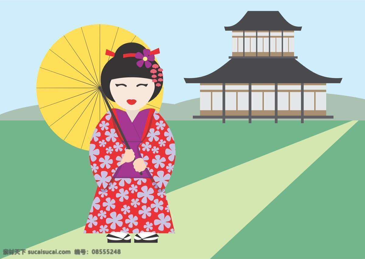穿着 传统 和服 日本 女孩 图标 矢量 亚洲 亚洲文化艺 妓 日语 日本的房子和 服小木偶 东方传统