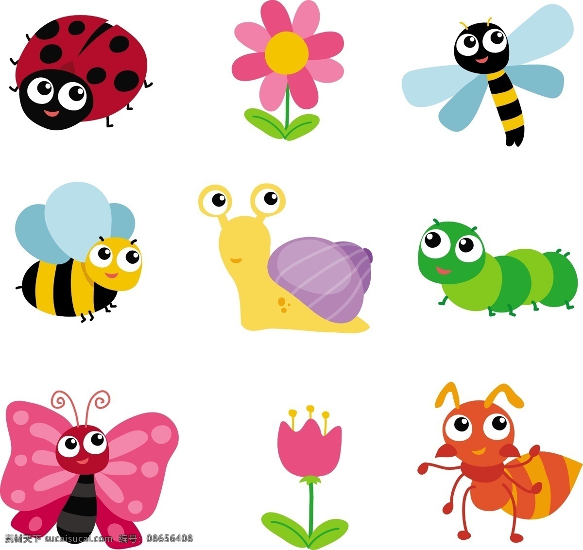 采集 蝴蝶 花卉 卡通动物 昆虫 蚂蚁 蜜蜂 瓢虫 蜗牛