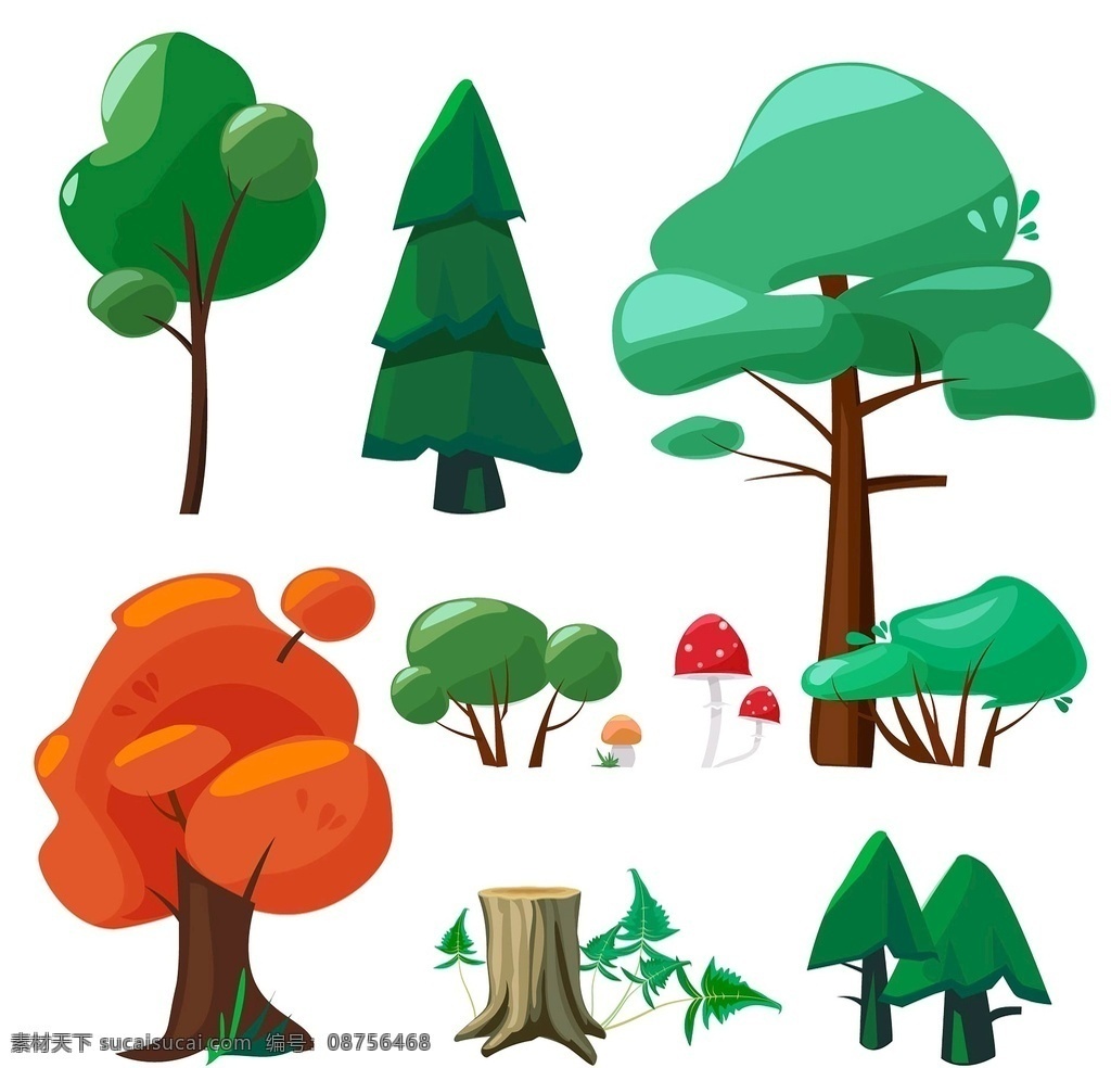 矢量植物树 卡通植物 卡通大自然 蘑菇树木 植物元素 插画eps
