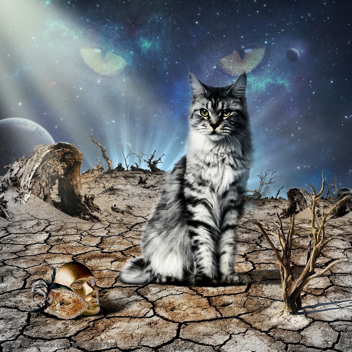 抽象 夜晚 星空 猫咪 背景 面具 猫 天空 干燥 枯树 星球 极光 眼睛 裂缝 干裂 金色 黑猫 白猫 干枯 枯 沙漠 戈壁 蓝色