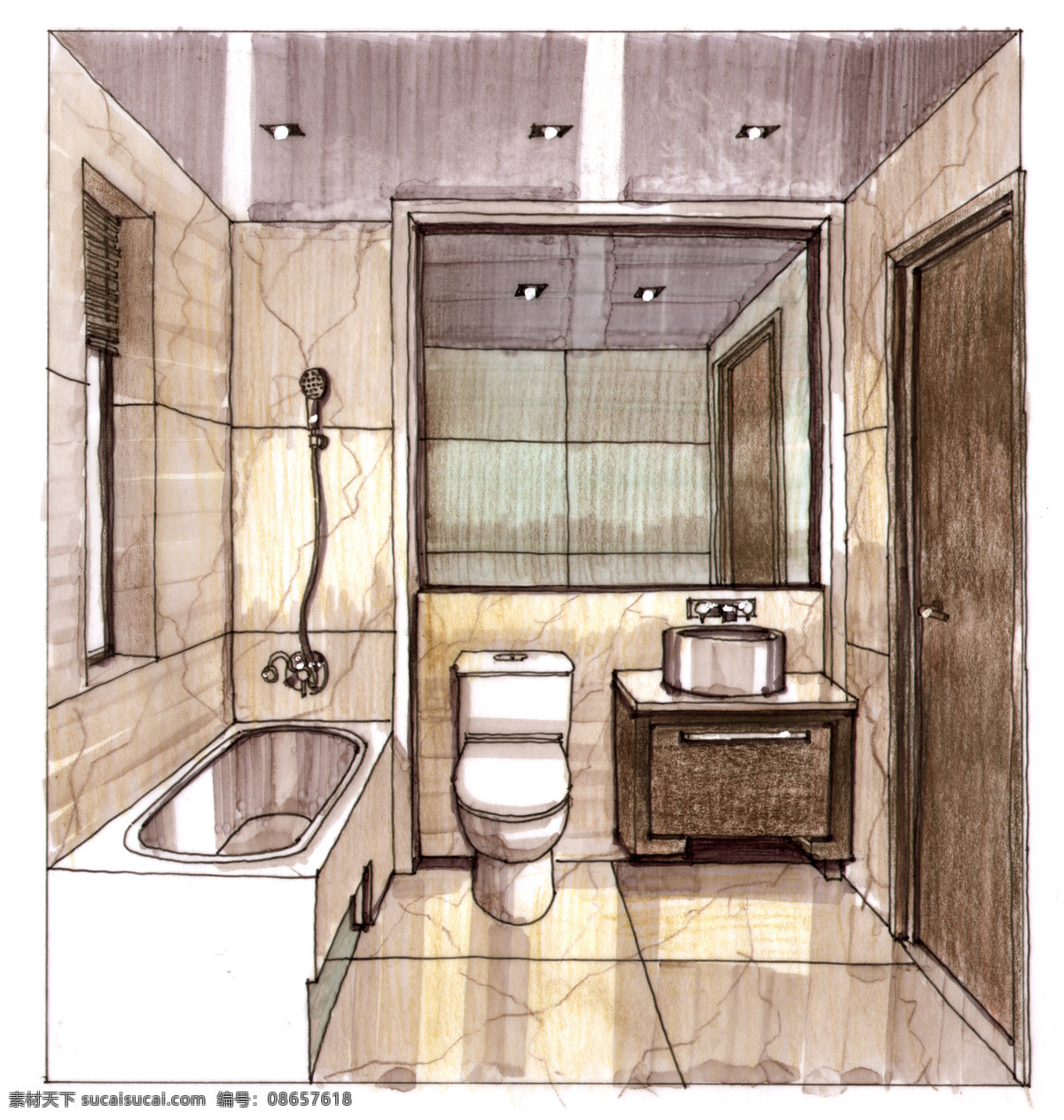 浴室 透视图 手绘 3d建筑 绘画 建筑效果图 模型 室内设计 手绘建筑 素描 线描 效果图 模板下载 室内 建筑 家居装饰素材