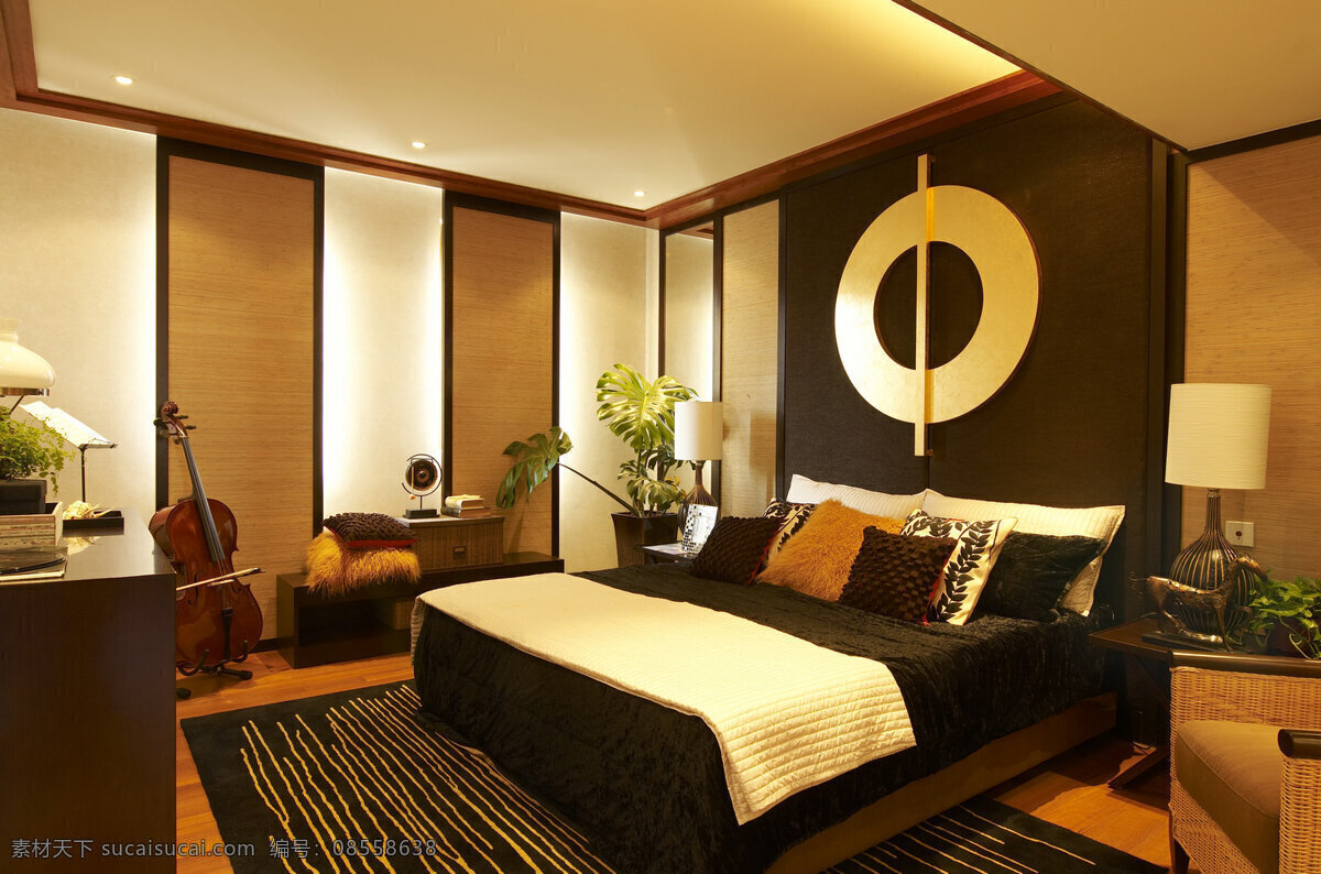 中式 典雅 卧室 木制 背景 墙 室内装修 效果图 黑色条纹地毯 卧室装修 木地板 浅色床头柜 白色台灯