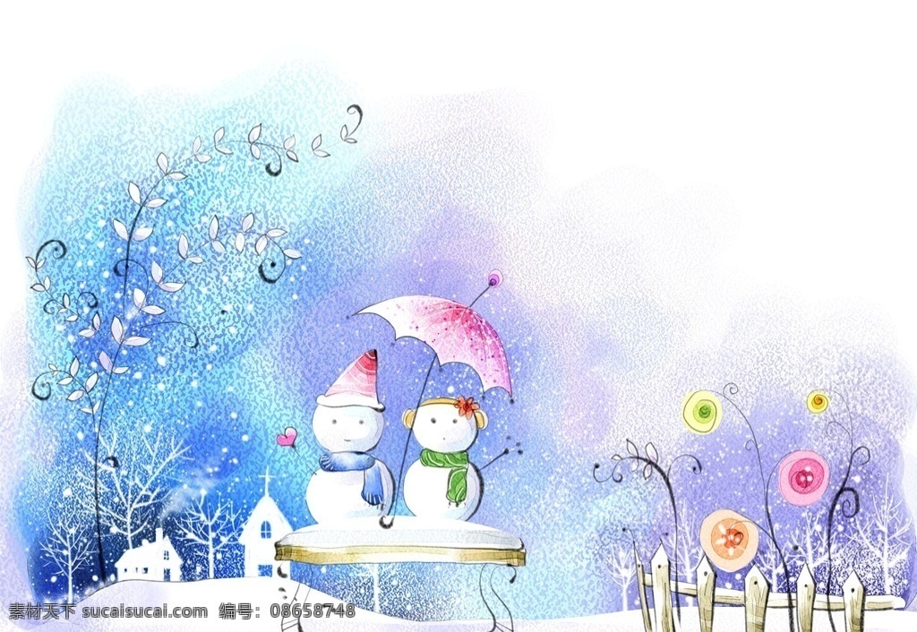 雪人 雪景 卡通 童话 两个雪人 自然景观 自然风光