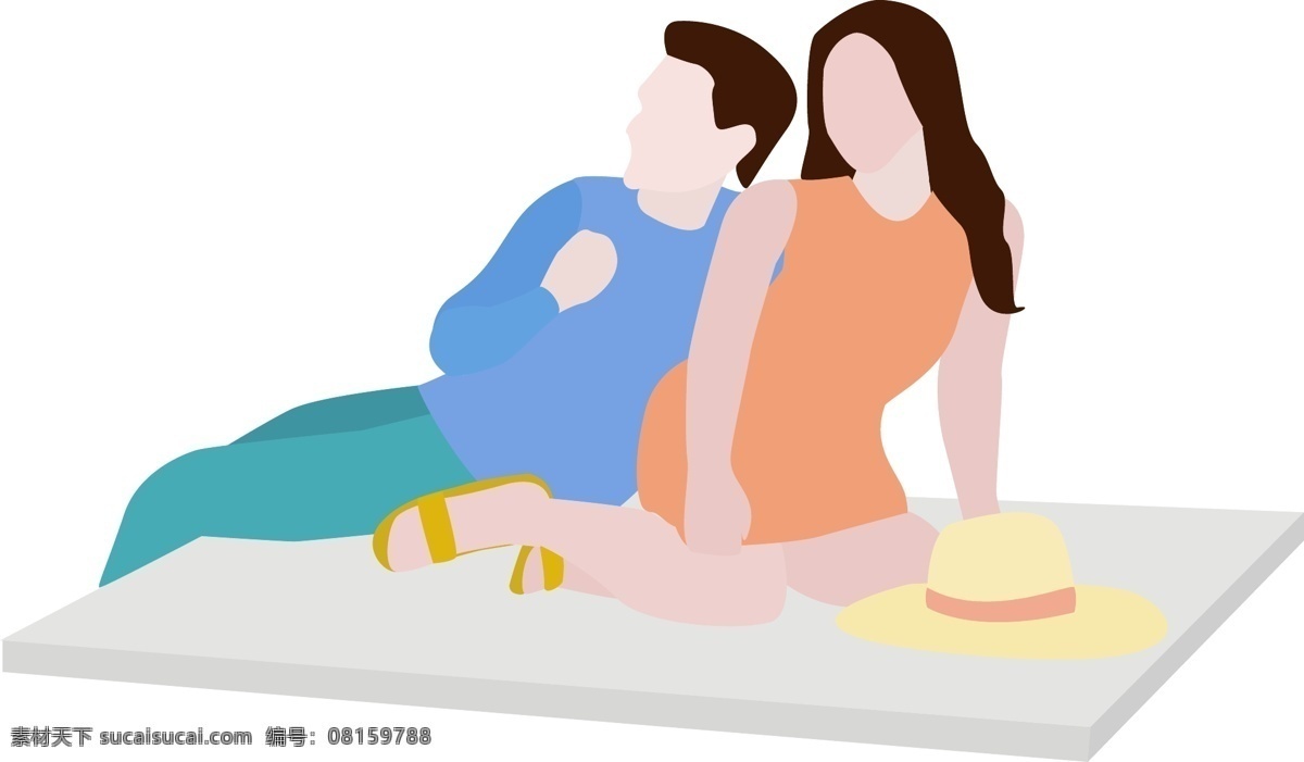 石板 上 休息 情侣 矢量 男人 女人 度假 户外 游玩 歇息 帽子 520 依偎 恋人 卡通 手绘 扁平化