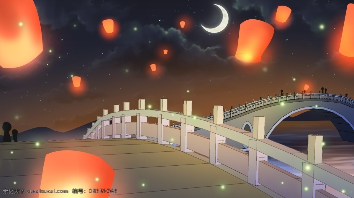 手绘 桥 上 孔明灯 背景 月亮 夜空 愿望 广告背景 背景设计 背景展板 特邀背景 促销背景 背景展板图 背景图 创意