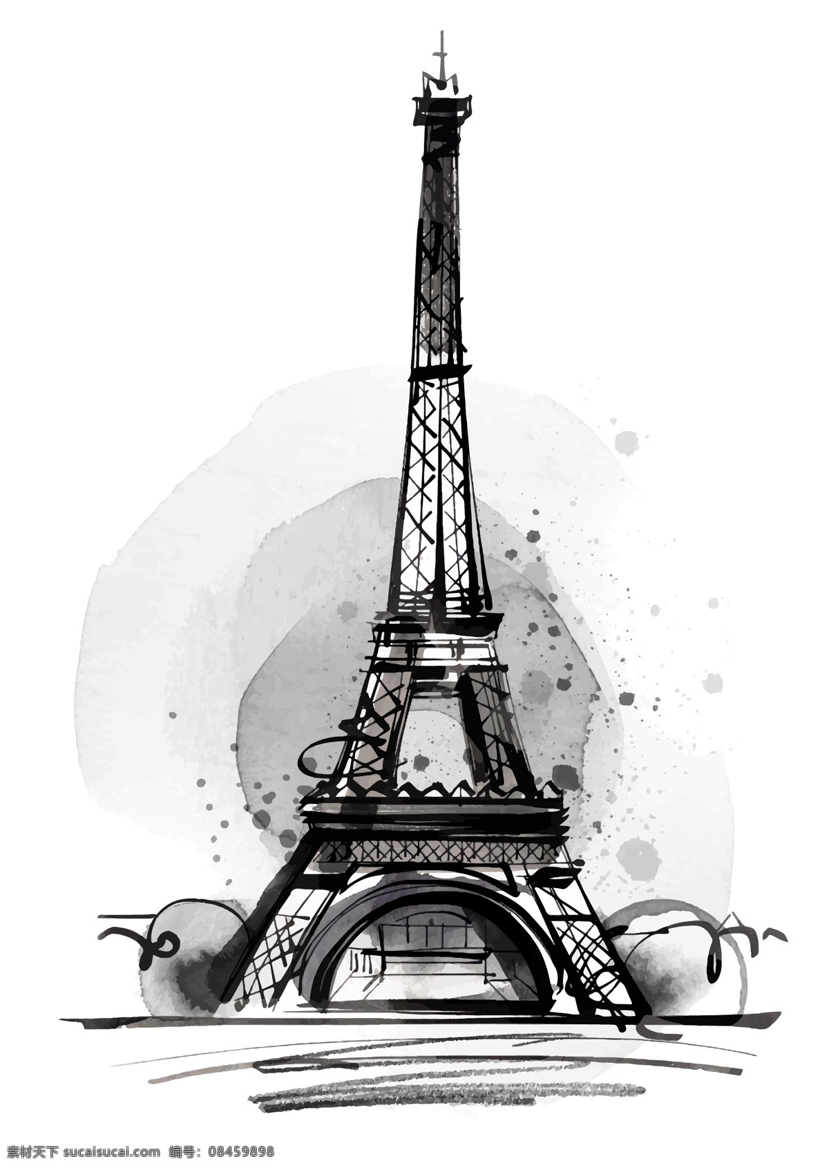 创意 水彩 绘 铁塔 插画 艺术 黑白 建筑 水彩绘