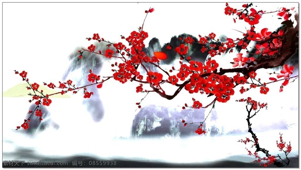 水墨 梅花 视频 云雾 高山 花瓣 飘舞 视频素材 动态视频素材