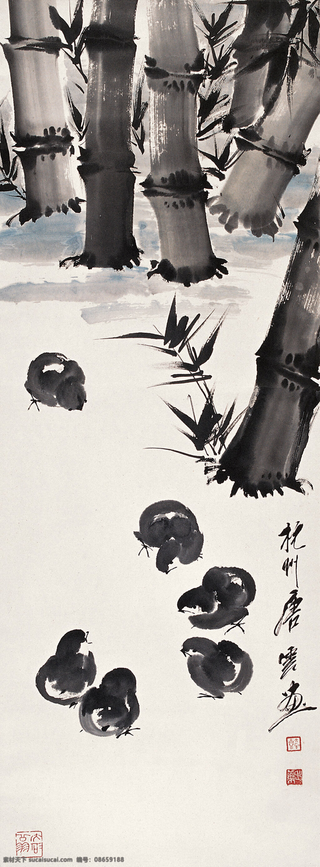 绒 鸡 竹 间 嬉戏 图 国画作品 绘画书法 文化艺术 竹林 绒鸡 矢量图 日常生活