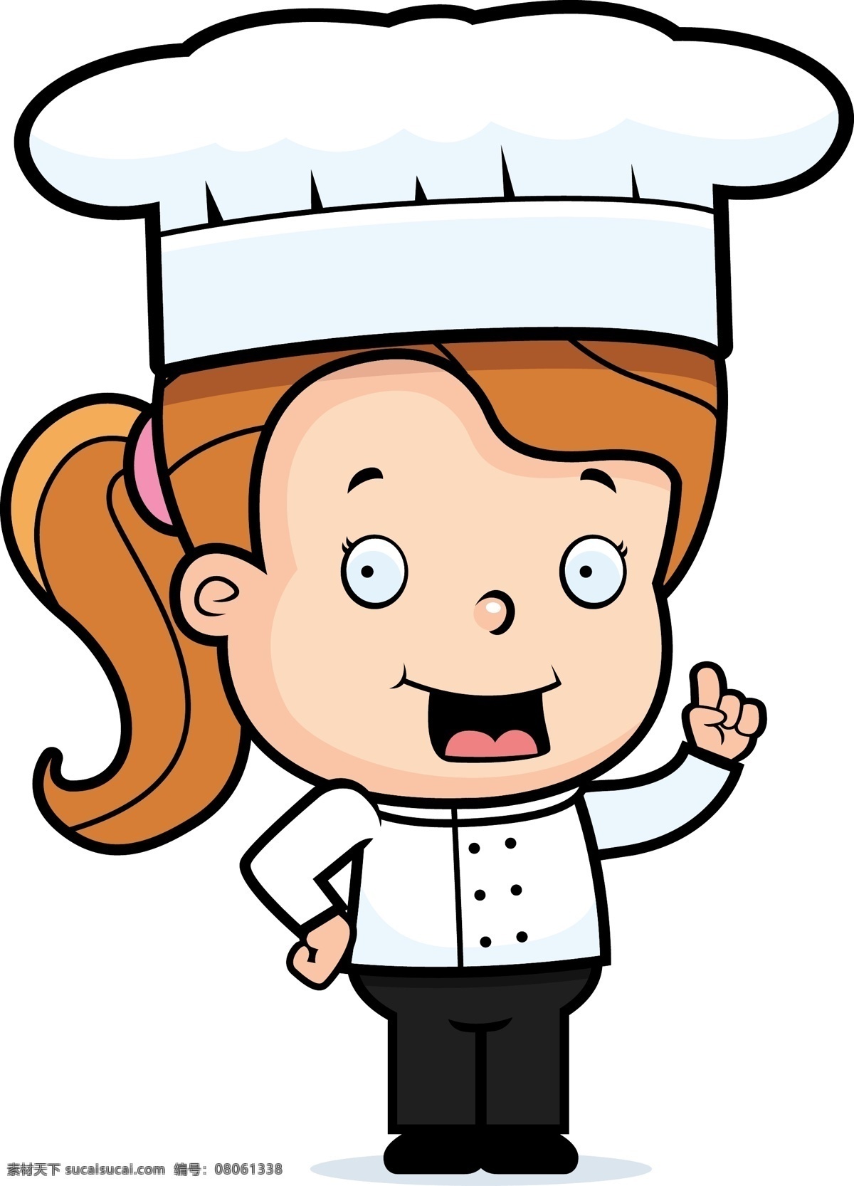 戴 厨师 帽 女 卡通 矢量 女厨师 女人 马尾 站着 插腰 帽子 讲话 厨师帽 插图 微笑 动漫动画 动漫人物