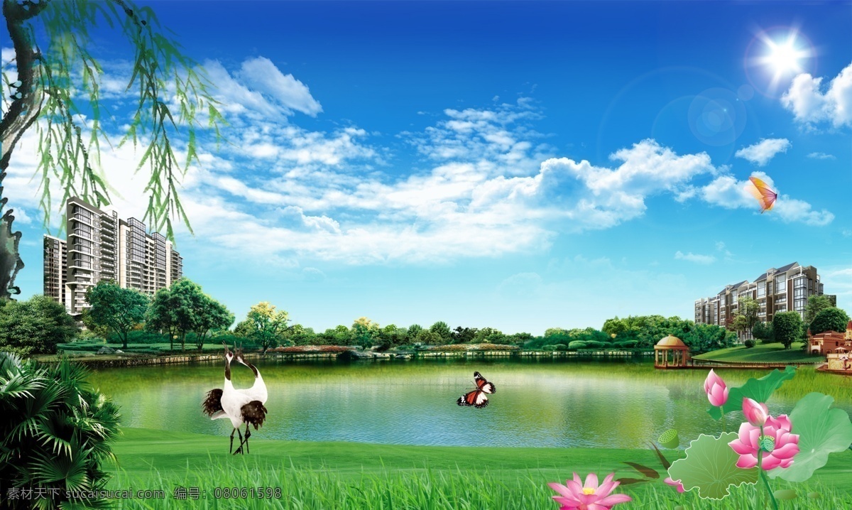 分层 白云 别墅 草 房子 风景 风景图 广告 山水画 蓝天白云 树叶 天鹅 蝴蝶 荷花 荷叶 小鱼 树木 小区 太阳光线 蓝天 湖 湖畔 亭子 源文件 家居装饰素材 山水风景画