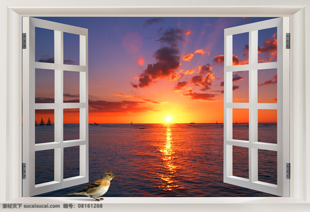 窗外风景 窗外 窗台 窗框 风景 自然景观 自然风光 自然风景 设计图库 白色窗户 小鸟 大海 湖水 日出夕阳 云朵 梦境