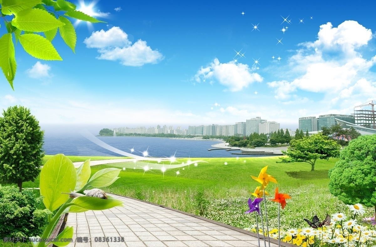 自然风景 树叶 绿叶 蓝天白云 大海 海边 海景 高楼 海边风景 凉爽 清爽 舒心 小路 石路 风车 蝴蝶 花朵 绿树 星星 大自然 新鲜 分层 源文件