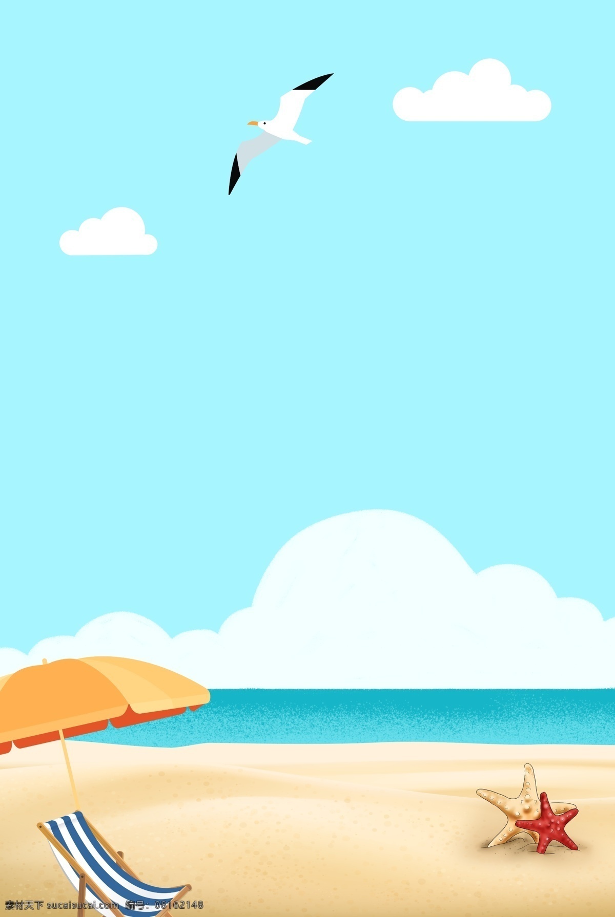 卡通 海边 风景 海报 风景海报 自然风景 卡通风景 海水 海 沙滩 海鸥 夏天
