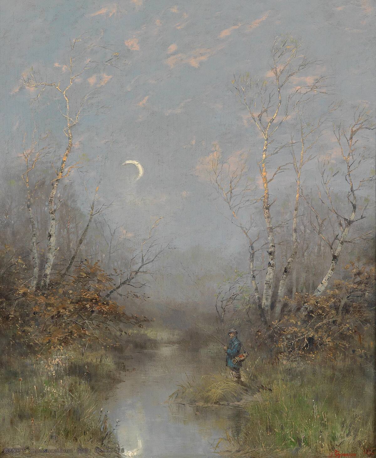 初春 破晓 树林 中年男子 小河边 垂钓 光秃秃的树枝 19世纪油画 油画 文化艺术 绘画书法