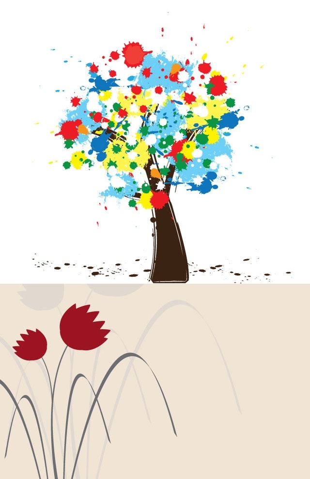 优雅花香 七彩树 彩色树 花朵 底纹 儿童树 油渍 污点 绘画 矢量 底纹主题 底纹背景 底纹边框