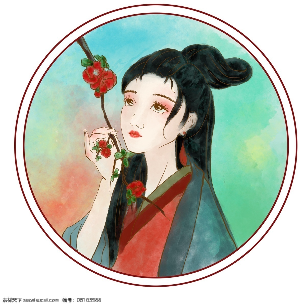 海棠 少女 夏天 元素 古风 水彩 花 圆形 插图