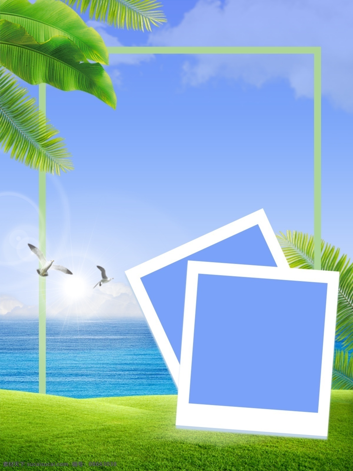 全 原创 海洋 草地 边框 背景 边框背景 海鸥 蓝天白云