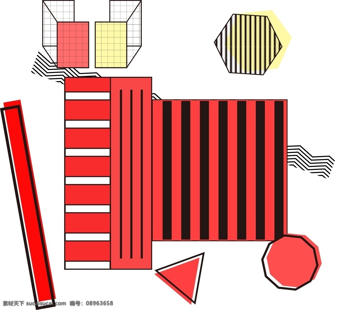 孟菲斯 立体 图形 商用 装饰 元素 曲线 图案 线条 条纹 红色 立体图形 撞色 不规则 几何图形 圆点 分割 多色