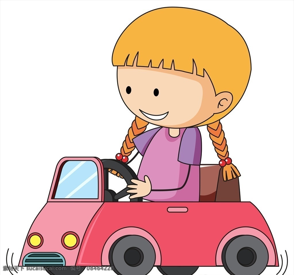 卡通女孩 可爱 儿童 玩 小车 快乐 手绘儿童 卡通儿童 卡通设计