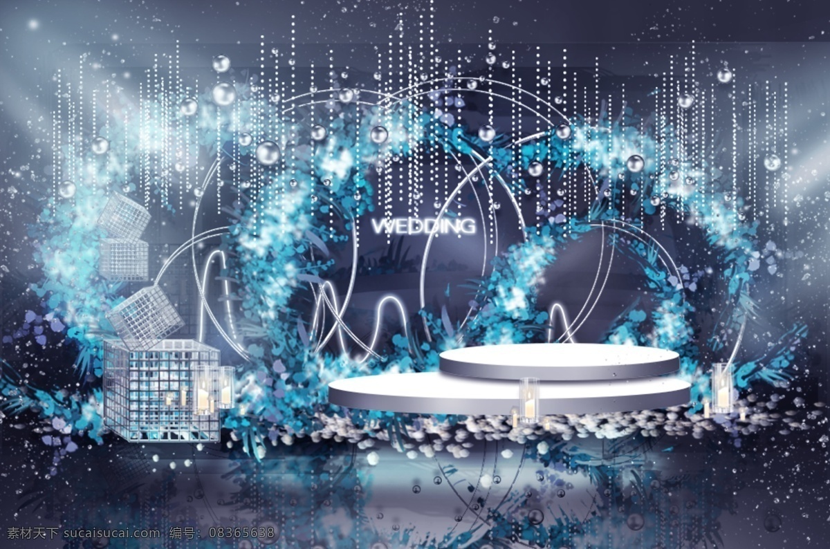 蓝色 婚礼 合影 区 效果图 星球 网格 线条 圆环 蜡烛 花门 金属球 二层舞台 层次 线帘 珠帘 吊顶 花板 婚礼效果图 婚礼合影区 蓝色婚礼 星空主题婚礼
