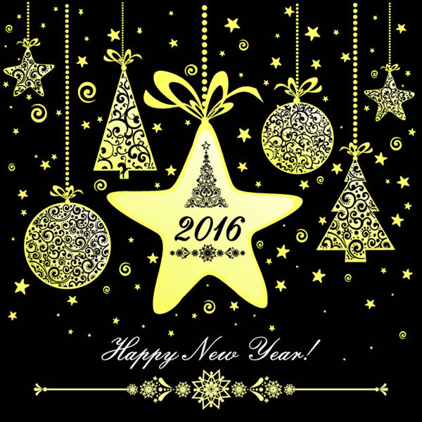 2016 年 金色 挂饰 新年贺卡 矢量 圣诞树 圣诞球 星星 2016年 新年快乐 圣诞节 矢量图 黑色