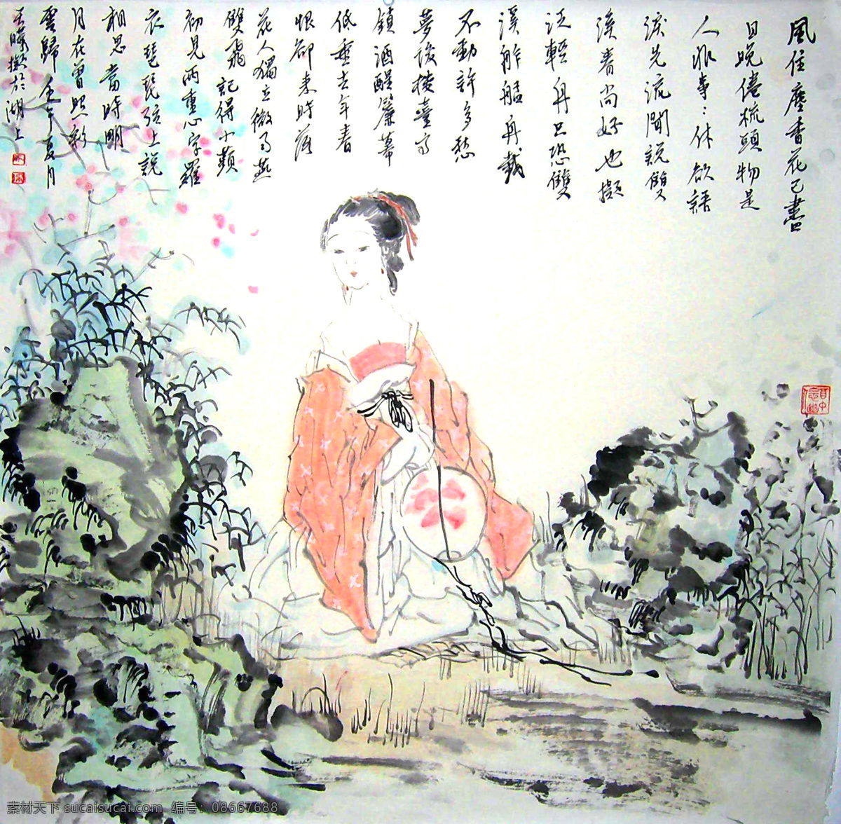 古典美女 绘画书法 假山 美女 人物画 石头 仕女 盛天晔 中国画 水墨画 书法 宫女 印章 团扇 字画 文化艺术 装饰素材 雕刻 图案