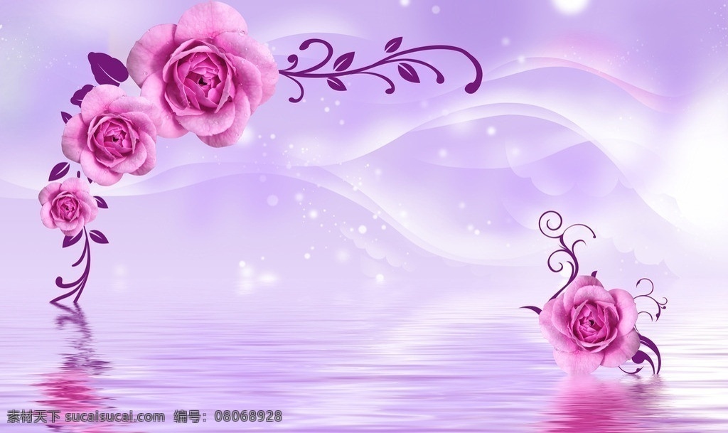 玫瑰背景 玫瑰 紫色 梦幻背景 烟雾 花纹 花边 时尚花纹 叶子 藤条 水珠 星光 曲线 装饰背景 倒影 水纹 波纹 设计素材 花草 生物世界