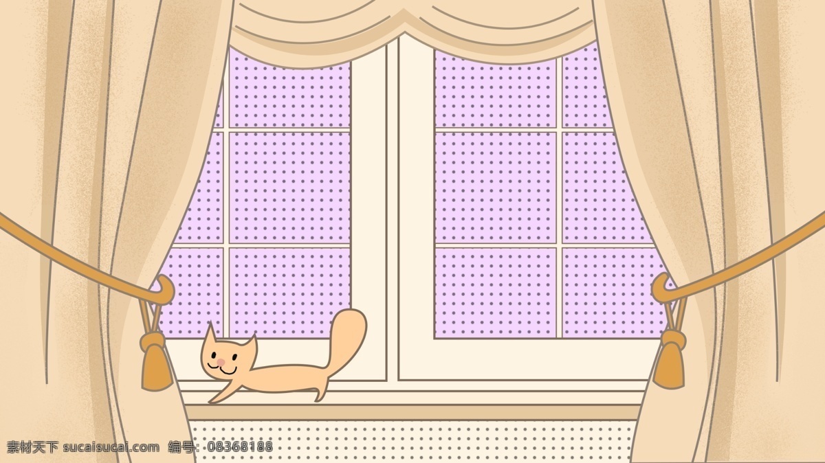 窗台 上 小猫 窗户 窗帘 卡通 背景