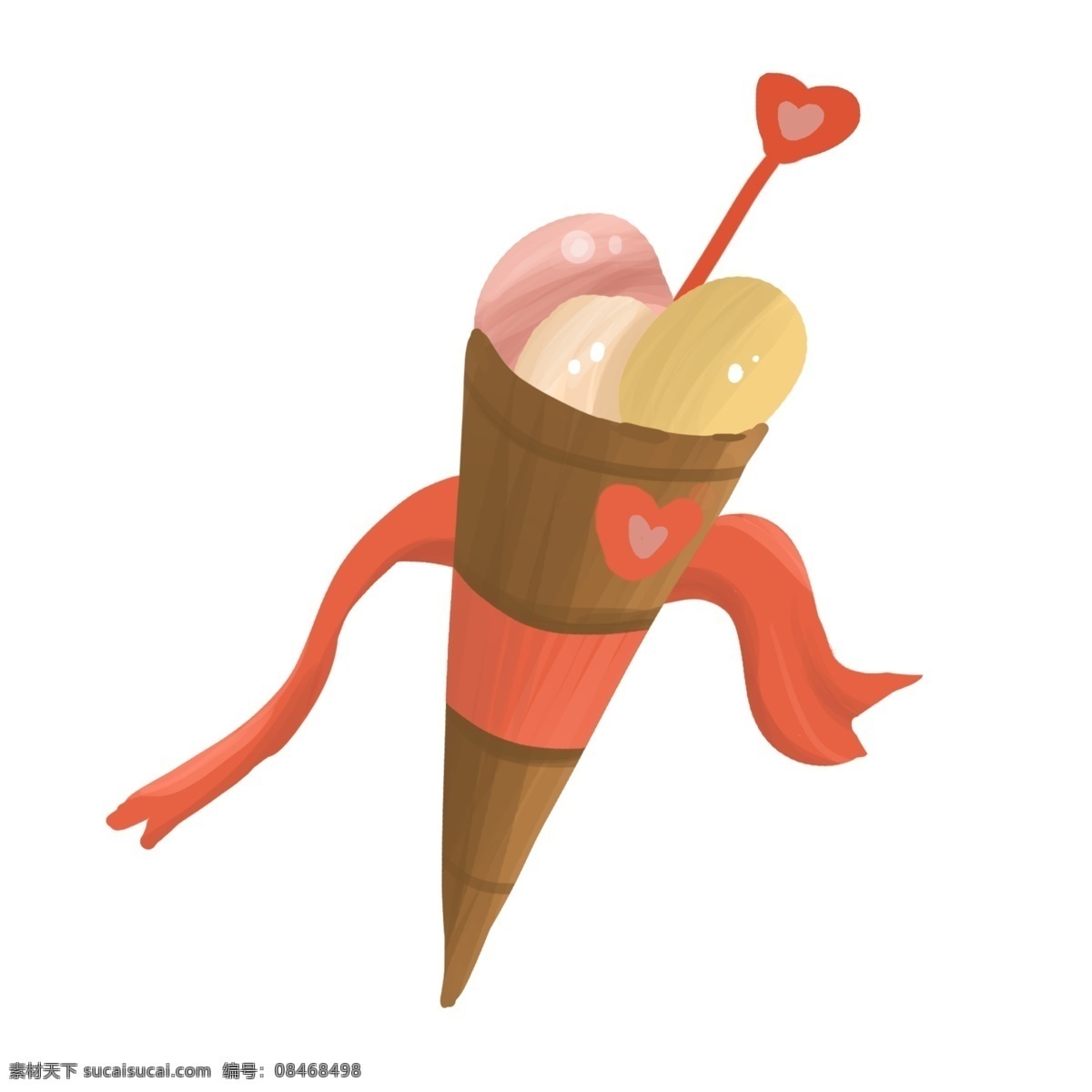 手绘 美味 冰淇淋 插画 装饰 红色丝带插画 雪糕冷饮 冰淇淋插画 红色爱心 彩色冰淇淋 美味食品插画