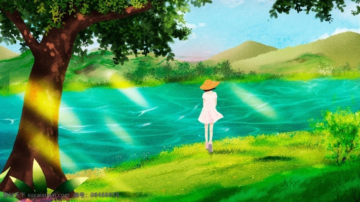 原创 唯美 小 清新 你好 夏天 立夏 海景 插画 草地 插图 户外 季节 郊游 景色 海边 大树 看风景 大海 二十四节气 夏季 夏天你好