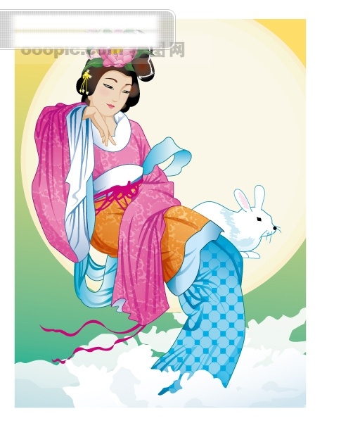 仙女 婵 娥 奔月 彩带 动漫 古代人物 古代衣服 花朵 花纹 美女 人物 兔子 祥云 婵娥奔月 月之仙女 月亮 月饼 矢量图 其他矢量图
