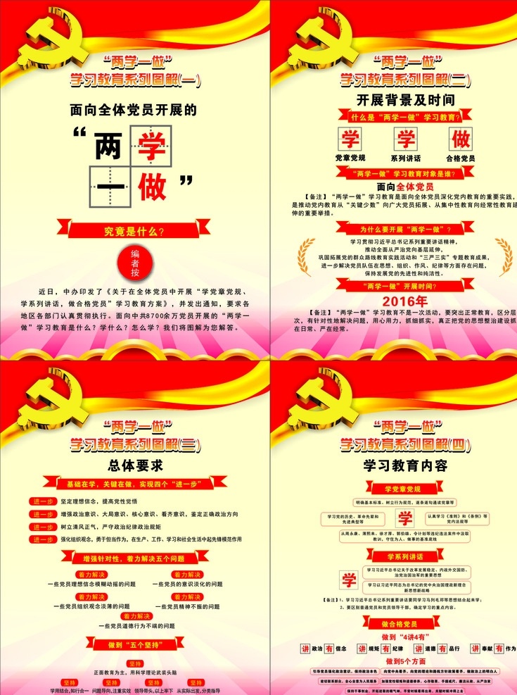 两学一做挂图 两学一做 制度牌 党徽 红底 党建 开展背景时间 展板模板