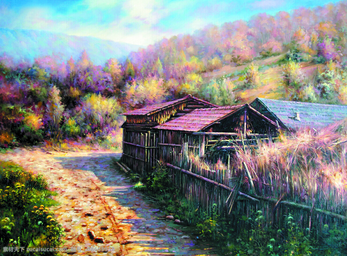 风景画 绘画书法 美术 木屋 秋实 山林 山岭 秋实设计素材 秋实模板下载 油画 树木 油画艺术 文化艺术